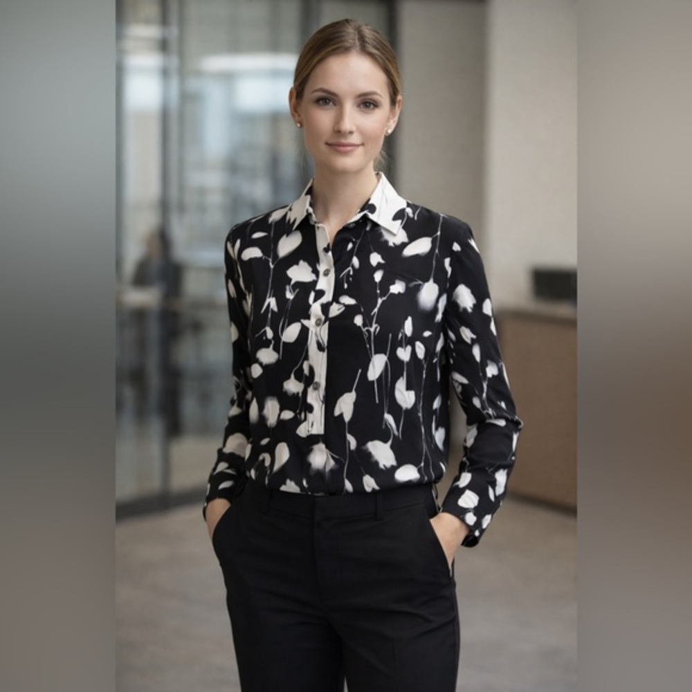 Equipment Femme Black White Abstract Floral Button Front Blouse Size Large